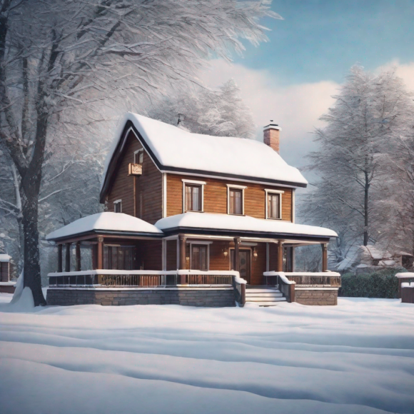 Maison avec un panneau À vendre sous la neige